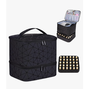 PU Leather Nail Polish Organizer and Nail Lamp Case, Nail Kit Organizer Holds 30+ Bottles (15ml - 0.5 fl.oz) and a Nail Lamp, Nail Polish Carrying Case with Manicure Tools Storage Sections