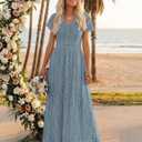 MEROKEETY Women's 2026 V Neck Short Sleeve Floral Lace Wedding Dress A Line Boho Bridesmaid Cocktail Party Maxi Dress (Blue, S)