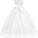 IDOPIP Flower Girl Lace Dress for Kids Wedding Bridesmaid Pageant Formal Party Long Maxi Gown Little Princess First Communion Birthday Prom Graduation V-Back Bow Puffy Tulle Dresses White 13-14 Years