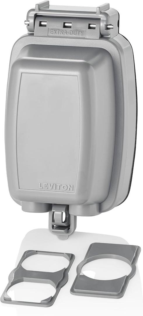 Leviton Weatherproof Outlet Box, Extra Duty 1-Gang While-In-Use Cover Includes Inserts for Single, Duplex and Decora/GFCI Receptacles, Vertical Mount, Plastic Enclosure, 5980-UGY, Gray