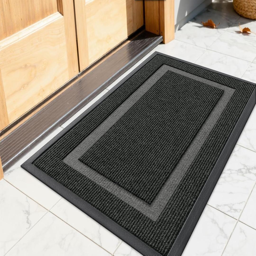 OLANLY Front Door Mat Indoor Outdoor Entrance, Waterproof All-Season, All-Weather Doormat, Sturdy Natural Rubber, Fade Resistant, Low Profile, Easy Clean Patio Porch Entryway Mat, 23.5x15.5, Black