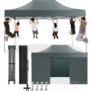 COBIZI 10x15 Pop Up Canopy with 4 Sidewall, Heavy Duty Canopy UPF 50+ All Season Wind Waterproof Commercial Outdoor Wedding Party Tents for Parties Gazebo with Carry Bag(10 x 15 ft Gray)