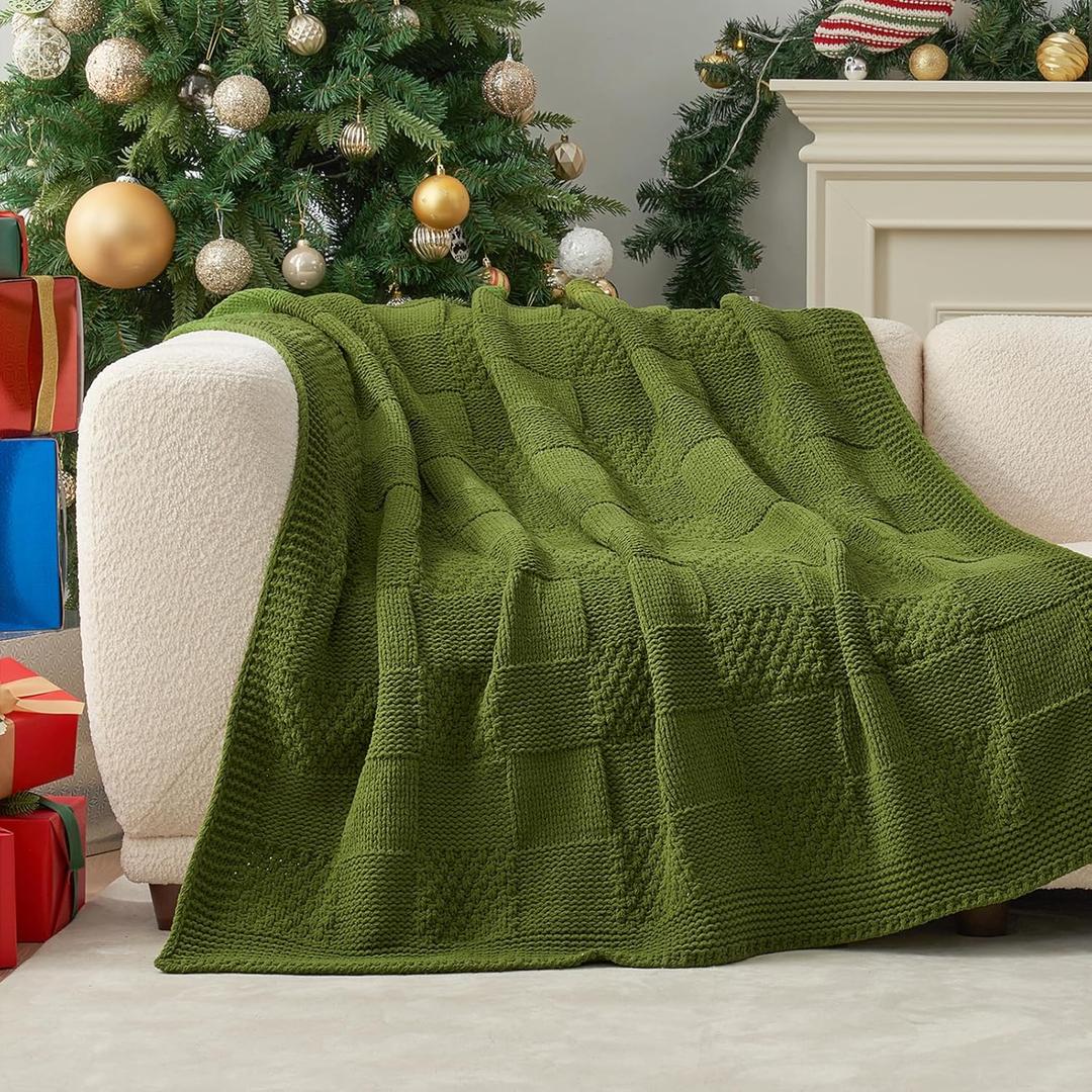 Amlie Home Checkered Chenille Knit Throw Blanket for Couch, Classic Texture Decorative Soft Blanket for Sofa, Chair & Bedroom, 50"x60", Olive Green