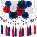 Fourth-4th of July Memorial-Day Party-Decorations - 31pcs Red-Blue White-Silver Patriotic Banner,Streamers Garland,Tissue Pom Poms Honeycomb,Paper Lantern Fan,Independence Graduation Decor Hugtmr