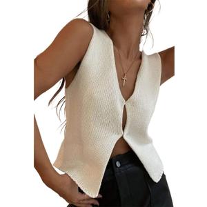 Women Crochet Vest Top Y2k Knit V Neck Sleeveless Button Down Vintage Casual Streetwear (Medium, A1 White)