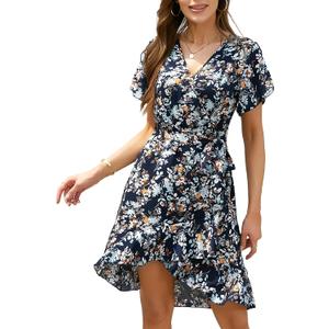 Womens Wrap V Neck Short Sleeve Dress 2025 Summer Floral Boho Dress Ruffle A Line Flowy High Low Midi Dresses (Blue, L)