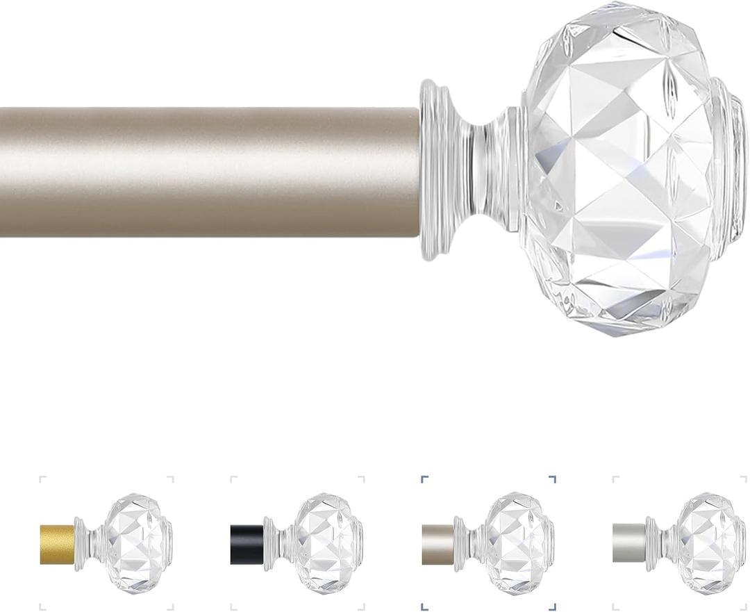 Champagne Gold Decorative Crystal Curtain Rods:66-120 Inch Heavy Duty Adjustable Window Curtain Rods for Bedroom Living Room,Modern Girly Acrylic Drapery Pole Set with Sheer Bling Diamond Finial