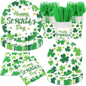 St. Patrick's Day Party Supplies - 144Pcs Lucky Shamrock Plates and Napkins Green Shamrock Tableware Decoration for St. Patrick's Day Birthday,Irish Party Supplies Serves 24