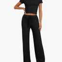 cheibear Womens 2 Piece Outfits Lounge Sets Crop Short Sleeve T-Shirt High Waisted Wide Leg Pants Tracksuit Sets, M