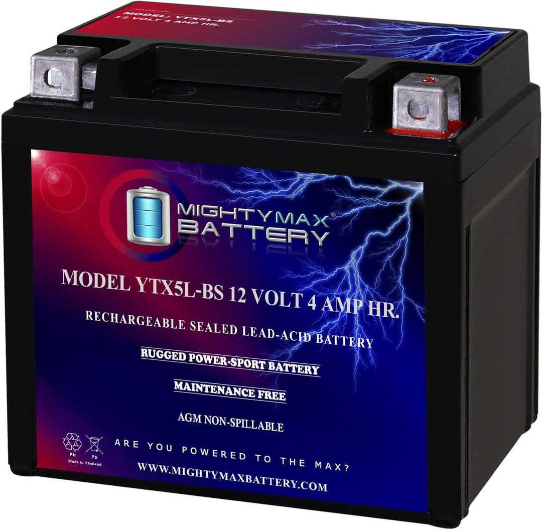 Mighty Max Battery YTX5L-BS -12 Volt 4 AH, 80 CCA, Rechargeable Maintenance Free SLA AGM Motorcycle Battery, Standard