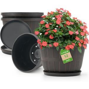 Quarut 12 Inch Large Planter Pot for Plants Indoor Outdoor, 4 Pack Plastic Flower Pots with Drainage Hole & Tray, Modern Decorative Garden Pot with Saucer, Plant Container for HouseBrown