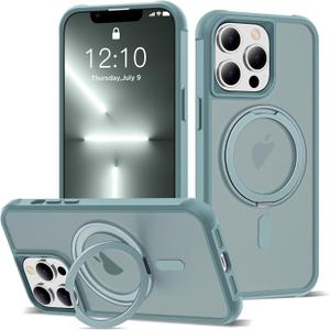 for iPhone 13 Pro Case 6.1 Inches 360Rotatable Magnetic Ring Invisible Stand,[Compatible with Mag-Safe] Military Shockproof Frosted Translucent Case,Cyan