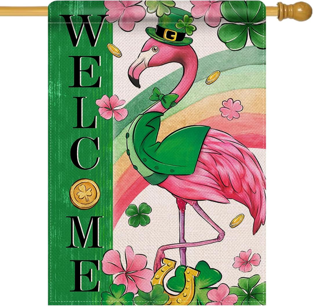 Artofy Welcome St. Patrick's Day Flamingo Bird Large Decorative House Flag, Rainbow Lucky Shamrock Clover Yard Garden Outside Decor, Spring Irish Gold Coin Outdoor Home Decoration Double Sided 28 x 40