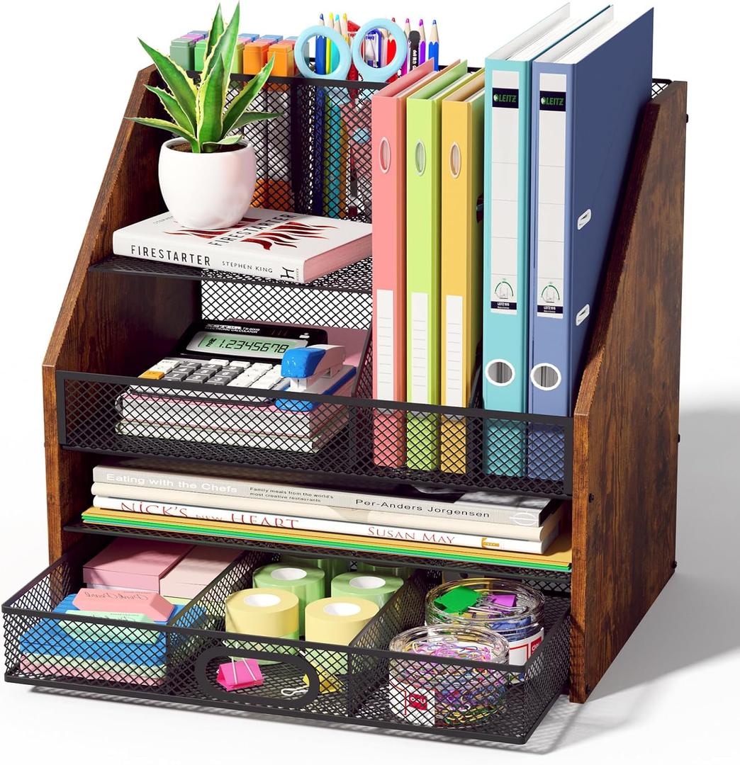 Homsorout Wooden Desk Organizer - Mesh File Organizer with Drawers and Pen Holder - 4-Tier Vertical Paper Letter Storage Tray, Desktop Organizers and Accessories for Home Office (Black and Brown)
