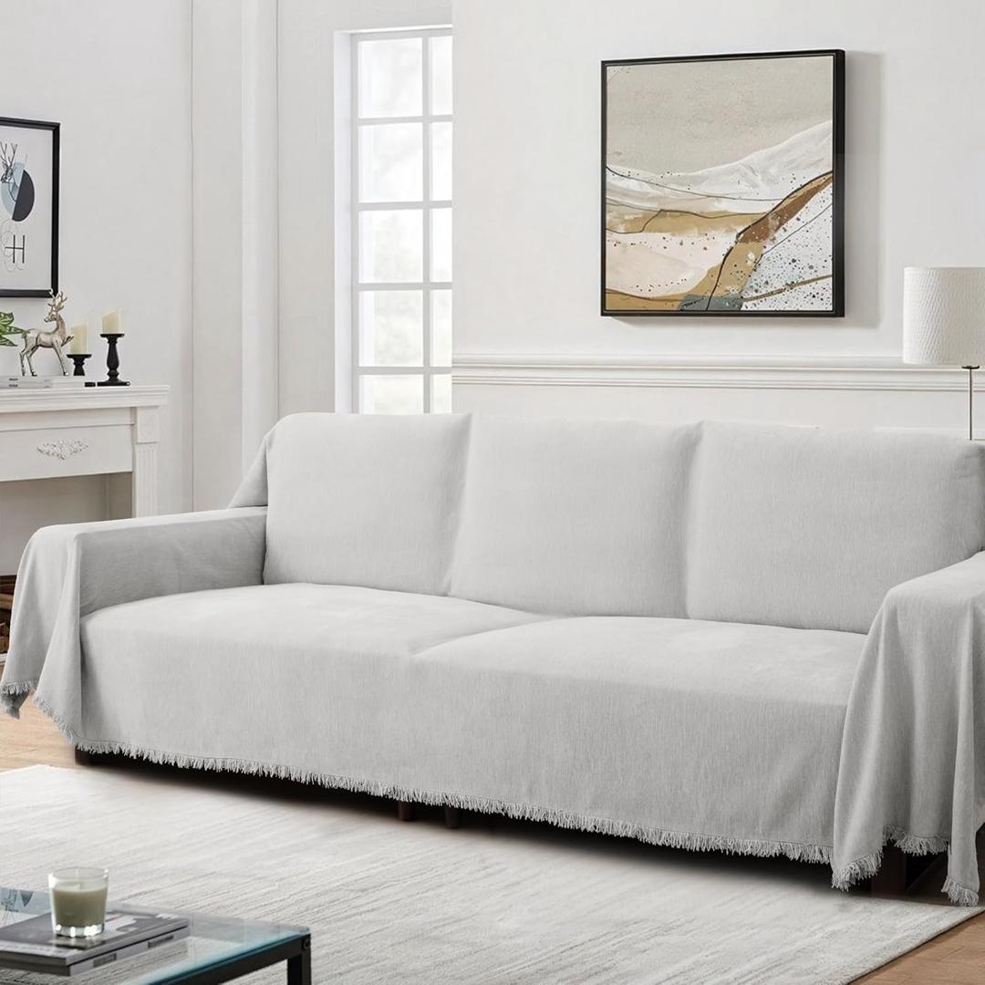 Chenille Couch Cover Washable Grey Couch Throw Covers for 3 Cushion Couch Comfortable Thick Soft Blanket Sofa Covers L Shape Heavy Duty Furniture Protector for Kids Pets Light Grey 91"x 150"