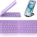Mini Foldable Bluetooth Keyboard - Portable Wireless Full Size Keyboard (Sync Up to 3 Devices), Ultra-Slim Aluminum Travel Folding Keyboards for iPhone iPad Mac Android Windows iOS (Purple)