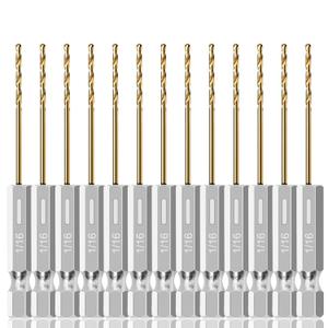 13PC 1/16" Titanium Coated Twist Hex Shank Drill Bit Set, 135 Degree Tip HSS Drill Bit Sets, Impact Driver Drill Bits for Wood, Steel, Metal, Plastic with Quick Change Design