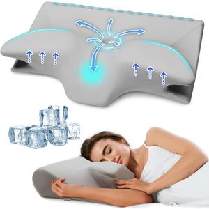 Cervical Pillow for Neck Pain Relief, Cooling Contour Memory Foam Pillows Support Odorless Ergonomic Neck Pillow Adjustable Orthopedic Bed Pillow for Side Back Stomach Sleeper with Pillowcase,Grey