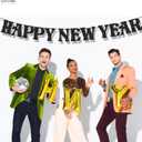 KatchOn, Glitter Black Happy New Year Banner 2026-10 Feet, No DIY | Glitter Pre-Strung Hello 2026 & Happy New Years sign for Happy New Year Decorations 2026 | NYE Party Garland | NYE Decorations 2026