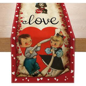 Vintage Valentine's Day Table Runner Valentines Decorations - Red Love Vintage Style Boys and Girls Valentines Day Anniversary Home Kitchen Dining Table Decor, Valentines Party Decor 13 x 72 Inch