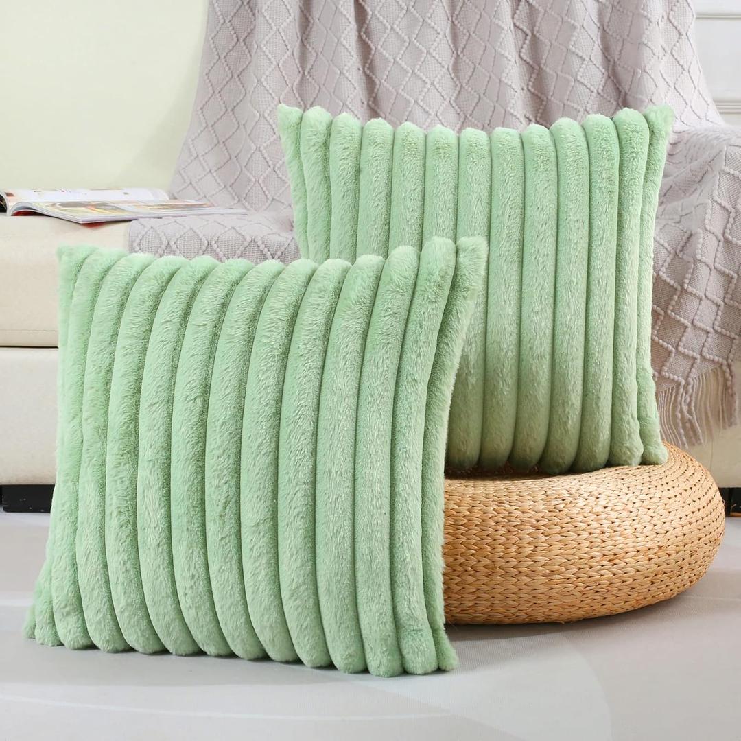 FUTEI Sage Green Striped Decorative Throw Pillow Covers 18"x18" Set of 2,Square Spring Decorations Couch Pillow Case,Soft Cozy Faux Rabbit Fur & Velvet Back,Modern Home Decor for Bed