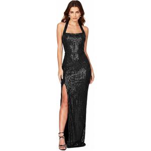  Womens Halter Neck Sequin Backless Evening Dress High Slit Maxi Sparkling Formal Party Bodycon Dress, Black-M