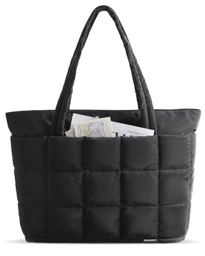 BAGSMART Expandable Tote Bag for Women, Zippered Puffer Design with Water-Resistant Quilted, Nurse and Carry-On Travel Bag, Black