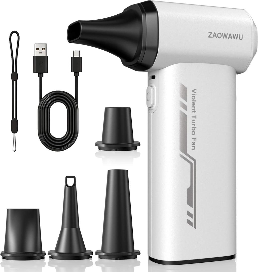 Electric Air Duster 150000 RPM Rechargeable Mini Blower with 4 Nozzles | 2H Fast Charge, Canned Air Alternative, 6000mAh Battery, 120min Runtime, 3 Speeds, PC Cleaning Kit, 0.63lb Handheld Blower, White-jx007
