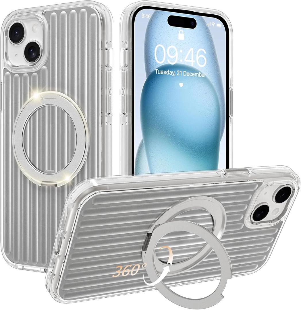 Phone Case Compatible with iPhone 15, with Magnetic Stand, Ring Kickstand, Compatible with Magsafe, Military Protection Silver