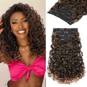 REECHO Curly Hair Extensions - 4PCS 14" GoGo Curly Clip in 100% Super Protein Hairpieces with Invisible Lace Weft Silky Soft Natural Look - Mixed Warm Brown with Light Ends