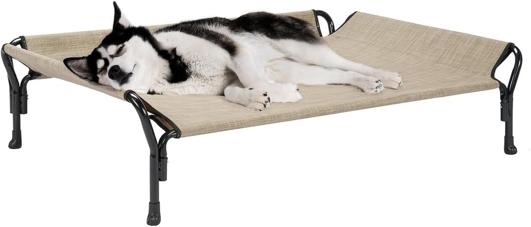 Raised Pet Cot with Guardrail & Slope Headrest, Durable Breathable Teslin Mesh, Non-Slip Feet, Washable Dog Couch Bed for Indoor & Outdoor, 47" x 32", Beige Coffee