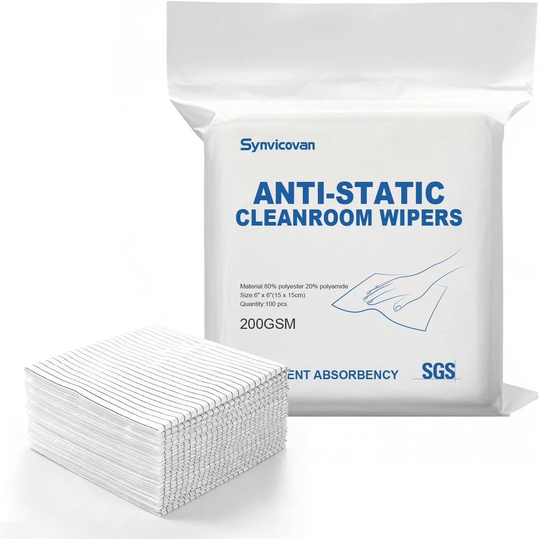 Anti-Static Microfiber Wipes 6"x6"(100 Pcs,Class 100, 200GSM) Lint Free Cloths Reusable Special ESD protection design is suitable for protecting sensitive electronic components and tools