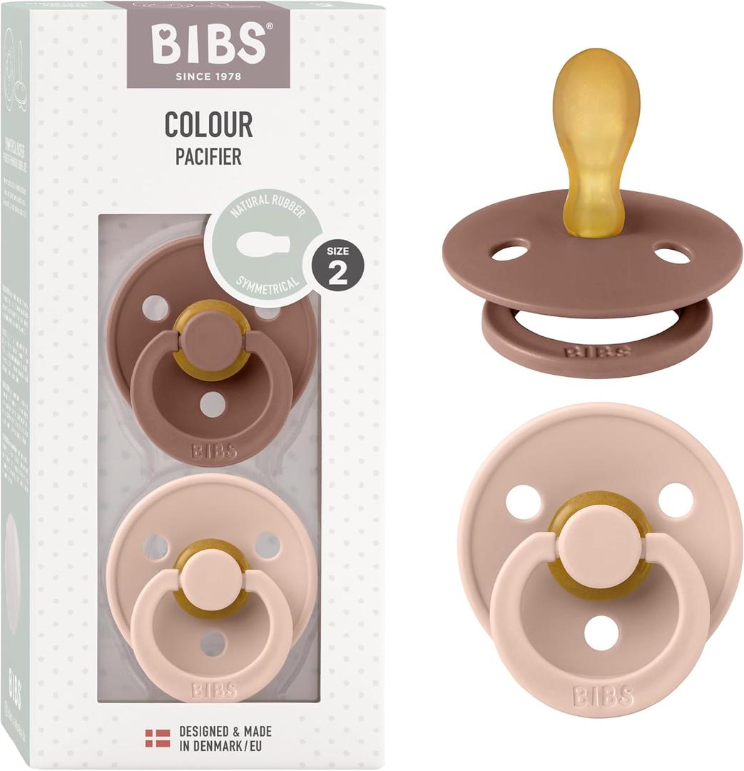 BIBS Colour Pacifiers | Set of 2 BPA-Free Latex Baby Pacifiers | Symmetrical Nipple | Made in Denmark (Woodchuck/Blush | 6-18 Months)