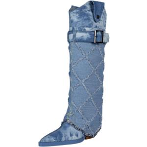 Women's Fashion-forward Versatile Denim Pointed toe Chunky Heel Over-the-Knee Boots (6, Blue1)
