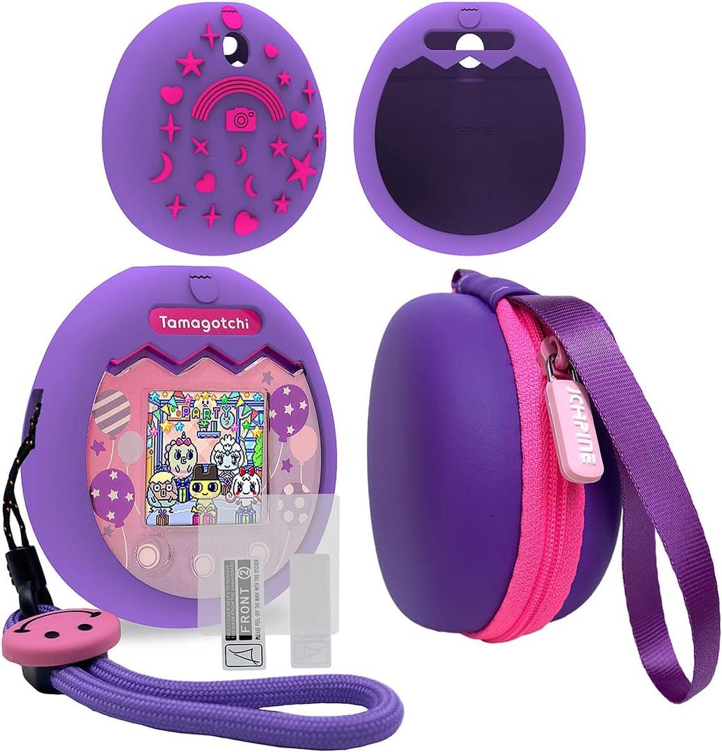 JCHPINE Hard Carrying Case and Silicone Cover Compatible with Tamagotchi Pix Interactive Virtual Pet Game Machine, Screen Film Protector for Tamagotchi Pix Accessories(Purple-Pink)
