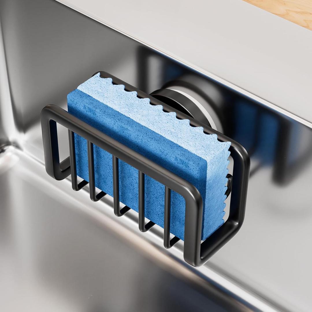 TAILI Sponge Holder for Kitchen Sink with Strong Suction Cup, Removable Sponge Holder, Rustproof Aluminum Sink Caddy for Sponges, Dish Brush - Black (5.1" x 2.3")