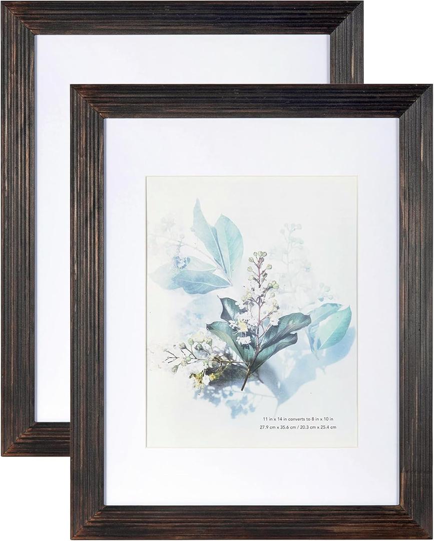 KAIWIN 100% Solid Wood Coffee 11x14 Picture Frame 2 Pack - Display Picture 8x10 with Mat, HD Plexiglass Inside, Rustic Wooden Photo Frames for Wall Mounting