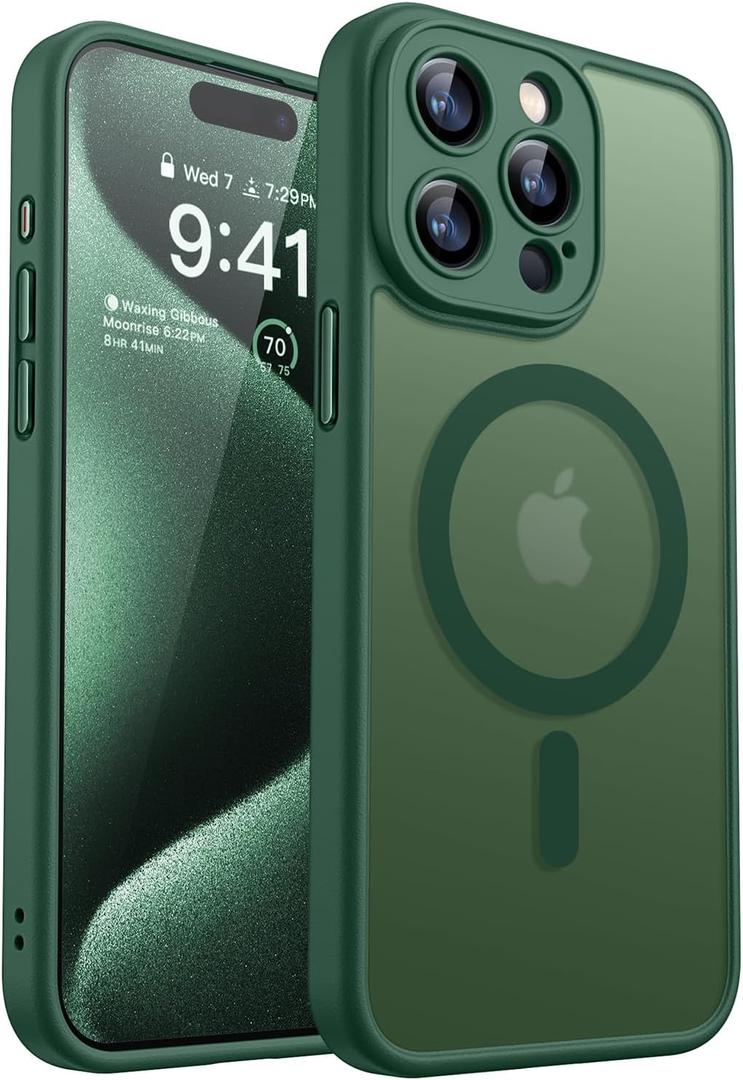 CANSHN Magnetic Compatible with iPhone 15 Pro Case, Upgraded [Full Camera Protection] [Compatible with Magsafe] [Translucent Matte] Shockproof Protective Phone Case Cover 6.1 Inch - Deep Green