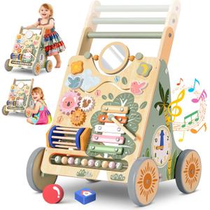 Wooden Baby Walker with Wheels, Speed & Height Adjustable, Baby Push Walker for 6-12 18 Months Boys Girls, Montessori Walker Toy for 1 Year Old Kids, Learning to Walk & Sit-to-Stand Activity Center