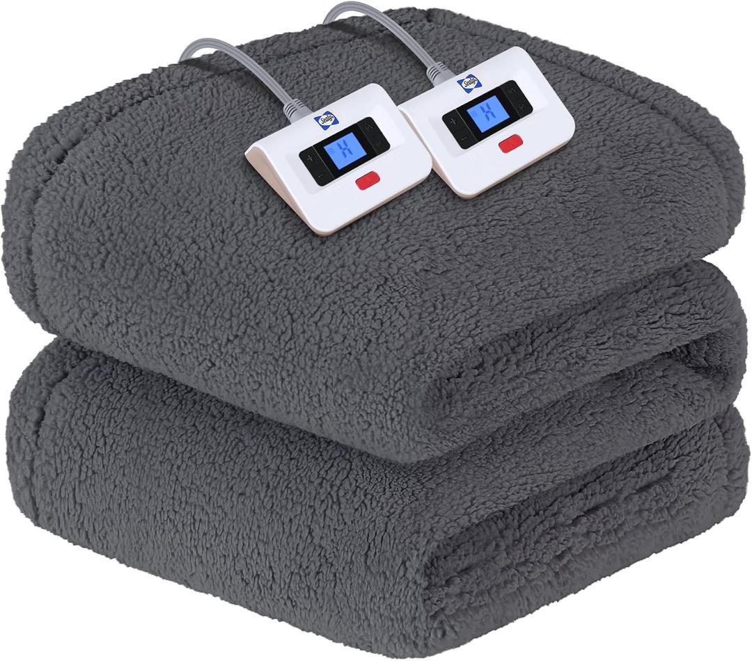 Sealy Electric Blanket King Size, Dual Control Soft Sherpa Heated Blanket with 10 Heating Levels & 1 to 12 Hours Auto-Off Settings Over-Heated Protection 90"x100" Machine Washable, Dark Grey