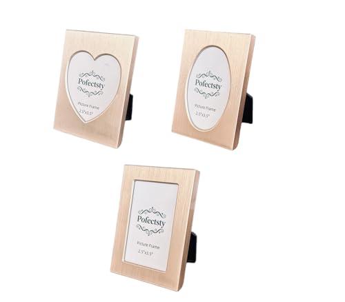 Pofectsty 2.5x3.5 Inch Gold Mini Metal Picture Frame Set, Set of 3 Small Picture Frame with Picture Storage Behind, 2 1/2x3 1/2 Inch Small Picture frame Rectangle (Gold)