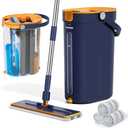 HoMettler Mop and Bucket Set with Wringer, 3-Tank Flat Mop and Bucket System, Wall Mop Cleaner with Long Handle, Hands Free Mops for Floor Cleaning with 4 Microfiber Pads
