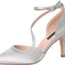 ERIJUNOR Women Comfortable Mid Heel Ankle Strappy Dress Pumps Pointed Toe Satin Wedding Evening Party Shoes (9, Silver-Stone)