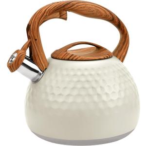 GGC Tea Kettle for Stove Top, Loud Whistling Kettle for Boiling Water Coffee or Milk, 3.1 Quart 3L Heavy Stainless Steel White Kettles with Wood Pattern Handle, Unique Button Control Kettle Outle