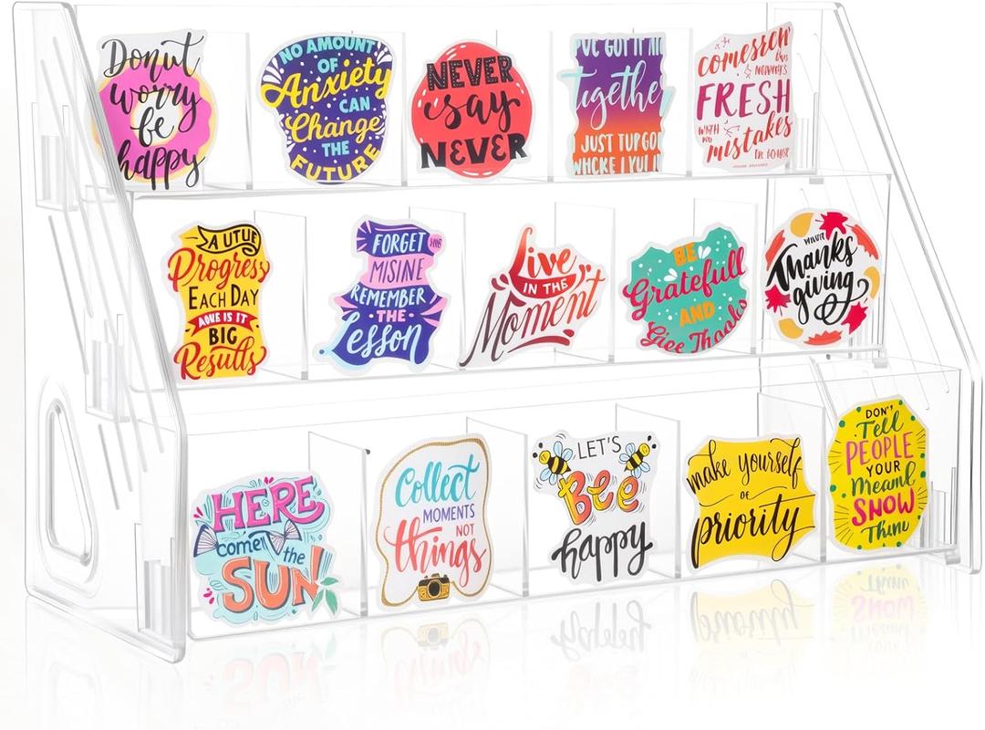 Acrylic Sticker Display Stand with Divided Pockets, Portable Bookmark Holder Tiered Display Stand, Clear Desk Organizer for Home, Retail or Craft Fair Use (15 Pockets, 3 Tier)