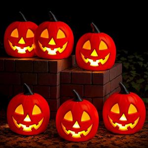 6 PCS 8.5 Inch Halloween Plastic Jack O Lantern Pumpkins Face LED Lighted Battery Operated Pumpkin Decoration Light Up Jack-o Lantern for Indoor Yard Lawn Garden Party Outdoor Porch (Orange)