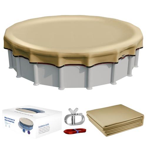 28ft Round Winter Pool Covers for Above Ground Pool Cover 28FT Cover 4FT Overlap - 500D Windproof with Steel Cable & Heavy Duty Winch - Swimming Pool Winter Cover Beige