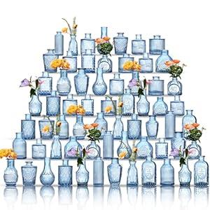 Glass Bud Vases Set of 64 - Blue Assorted Small Mini Glass Vases for Flowers, Crystal Vintage Vase Set, Bulk Centerpieces for Table Décor, Wedding, Home and Events (Blue, 64 Pcs)