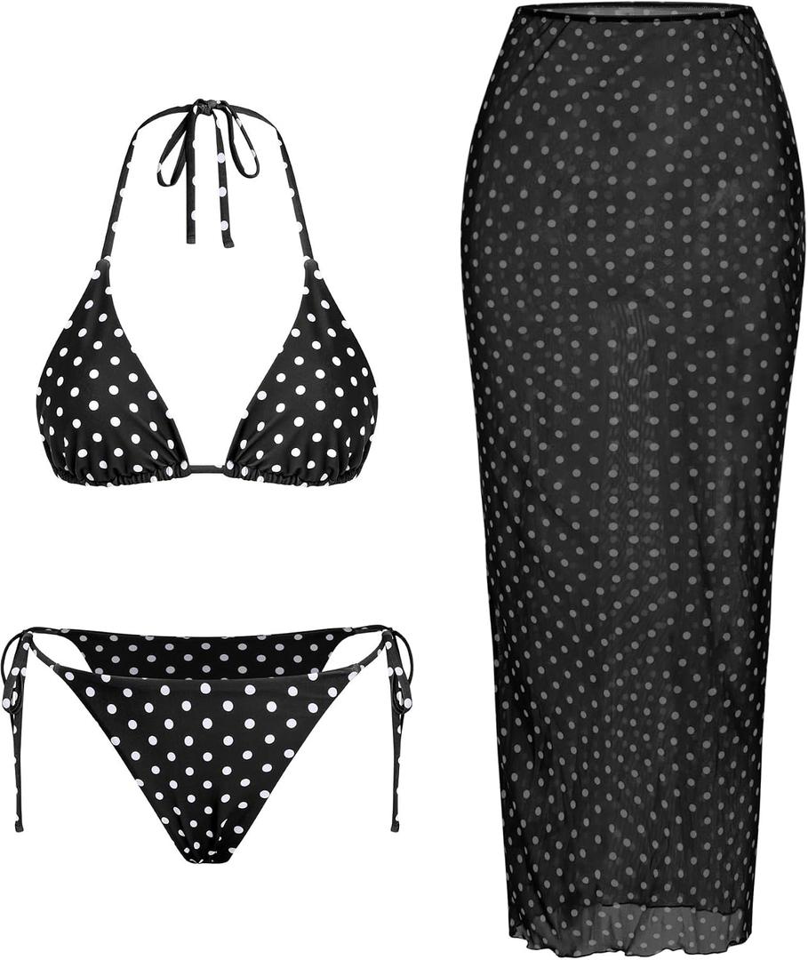 ZAFUL Womens 3pcs Swimsuit Floral Halter Triangle Bikini Top Tie Side Bottom with Long Sheer Cover Up Skirt (Black, M)