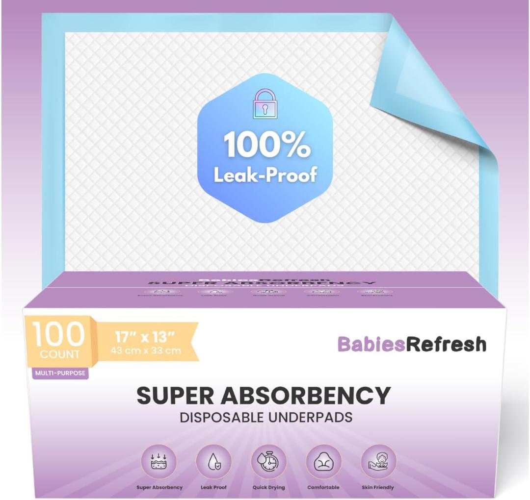 Super Absorbency Disposable Underpads, 17 x 13", 100 Count, Leakproof Quick Drying for Multi-use for Babies, Puppy Pads and Adults, Chucks, Disposable Diaper Changing Pad for Baby, Blue, Small